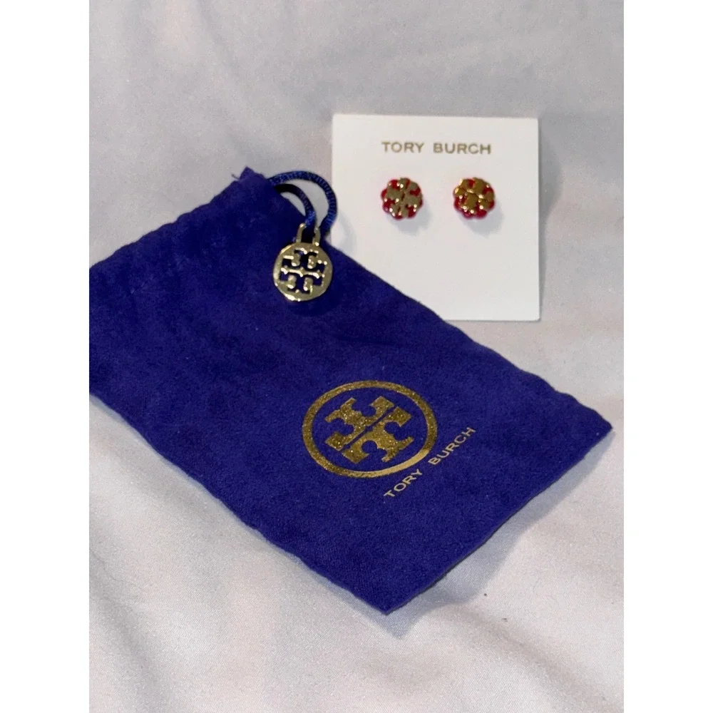 Tory‎ Burch Miller Stud Earrings Red Gold Logo Floral Scalloped NWOT
